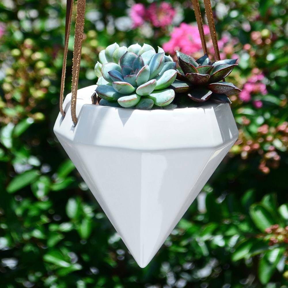 Arcadia Garden Products Diamond 4-12 in. x 4-12 in. Gloss White Ceramic Hanging Planter AP12W