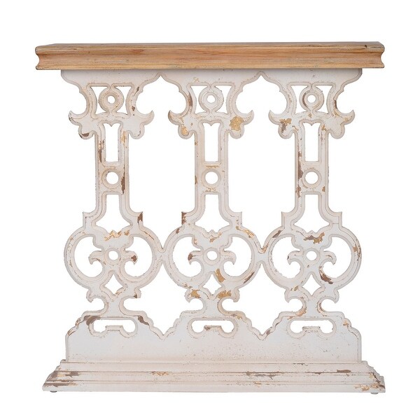 32 Inch Console Table， Fir Wood， Traditional， Scrollwork， Whitewash， Brown