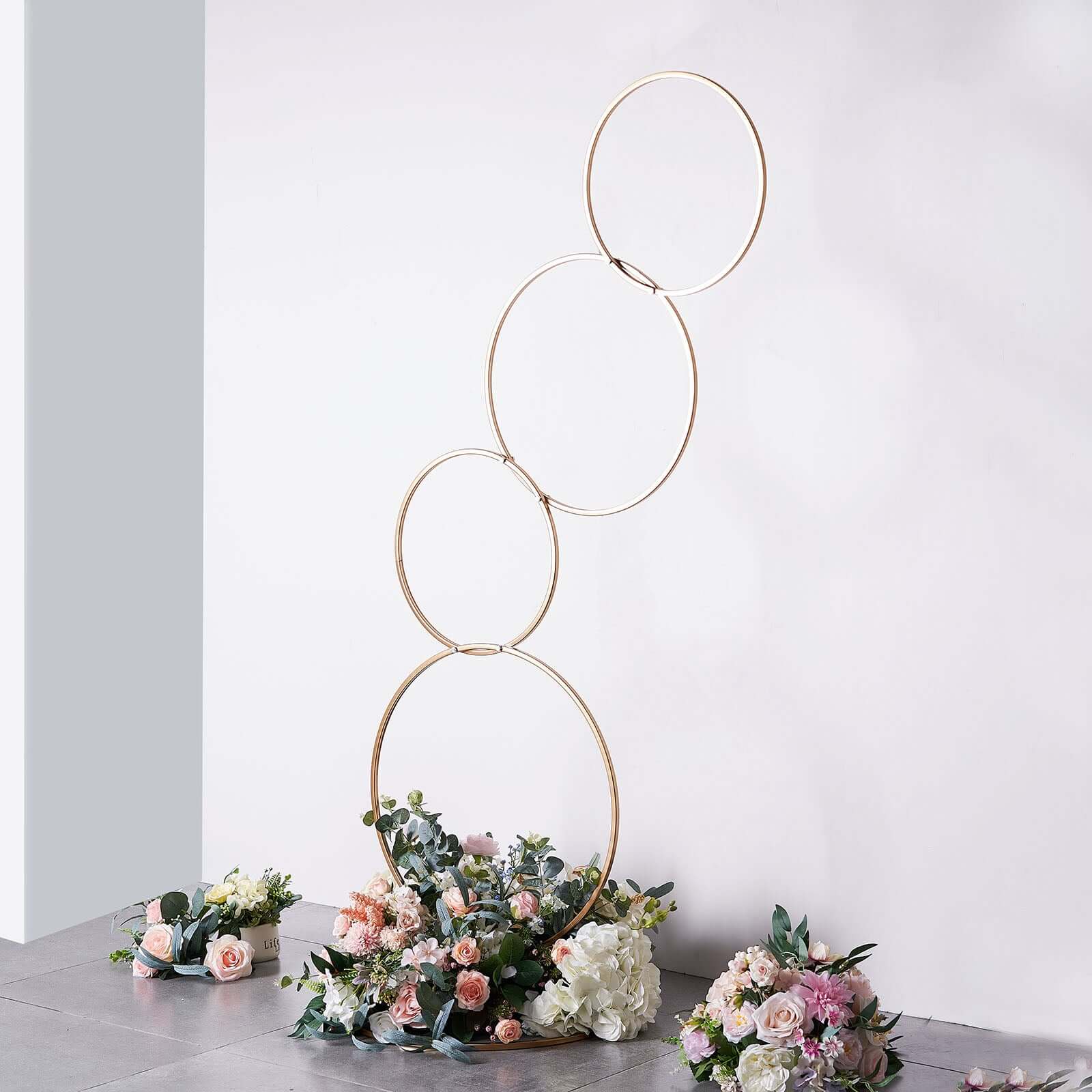 4-Tiered Gold Hoop Pillar Flower Stand, Metal Wedding Arch Table Centerpiece - Hoop Wreath 5ft