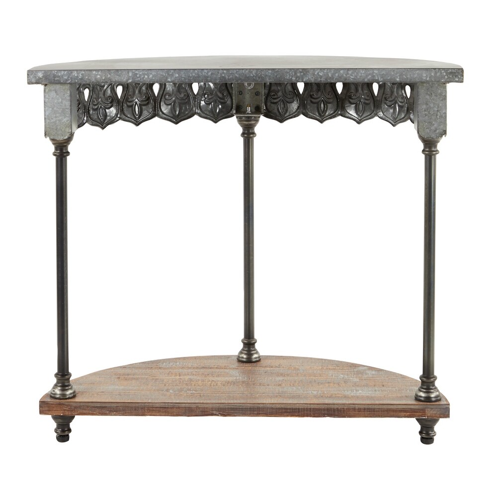 Grey Iron Top Wood Shelf Vintage Farmhouse Half Moon Console Table