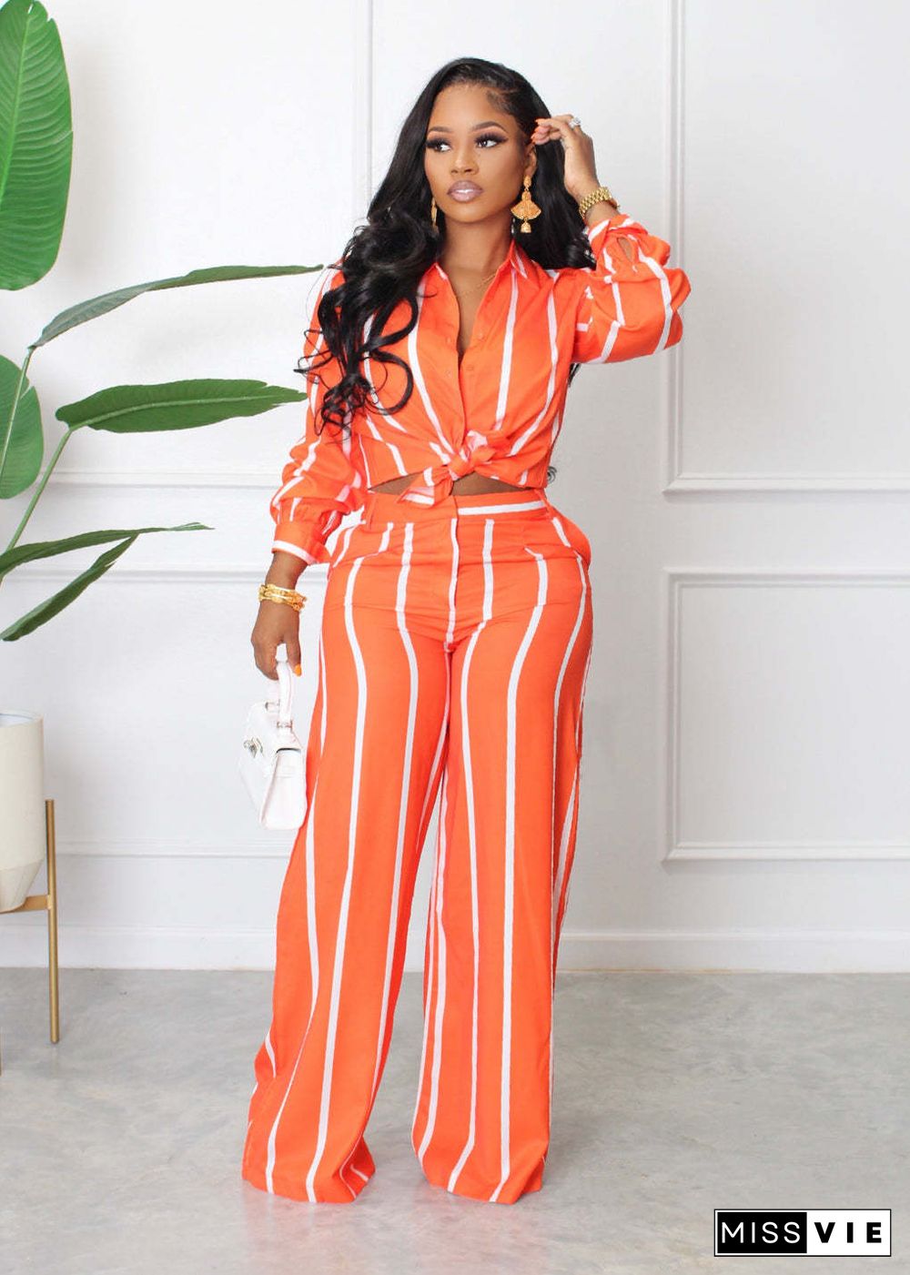 Striped Print Shirt and Wide Leg Pants 2 Piece Set