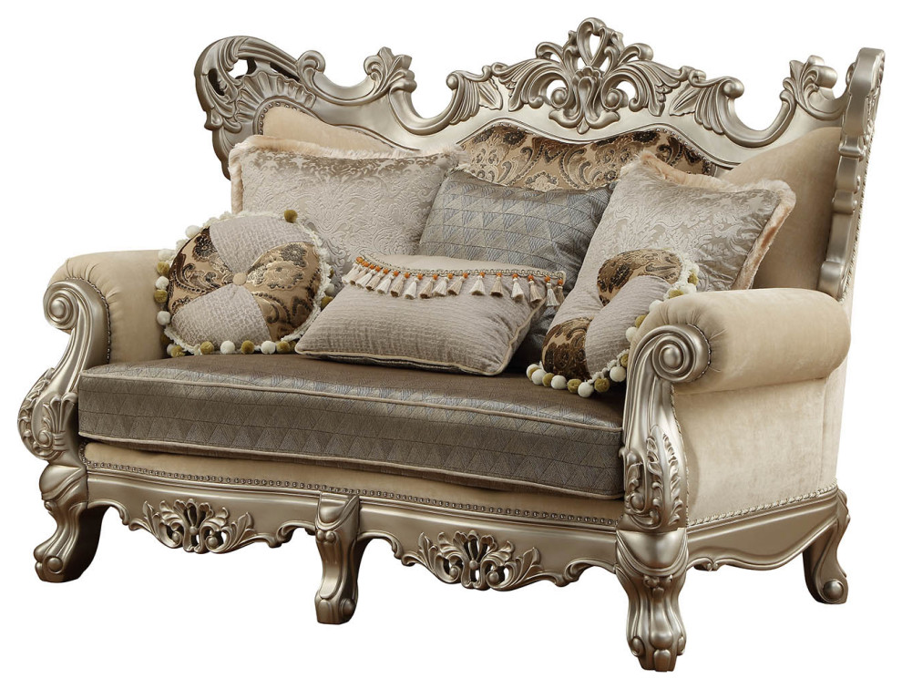 Traditional Style Wing Back Wooden Loveseat With Ornated Details  Gold And Beige   Victorian   Loveseats   by VirVentures  Houzz