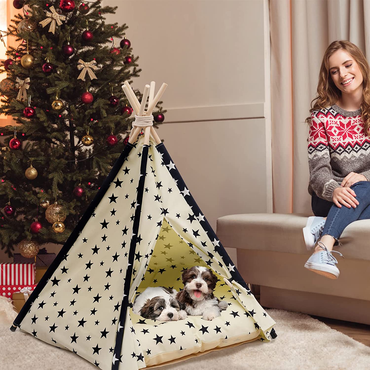 Pet Teepee Tent for Dogs and Cats， 24 Inch Portable Indoor Dog House with Thick Cushion， Cat Teepee Tent Washable