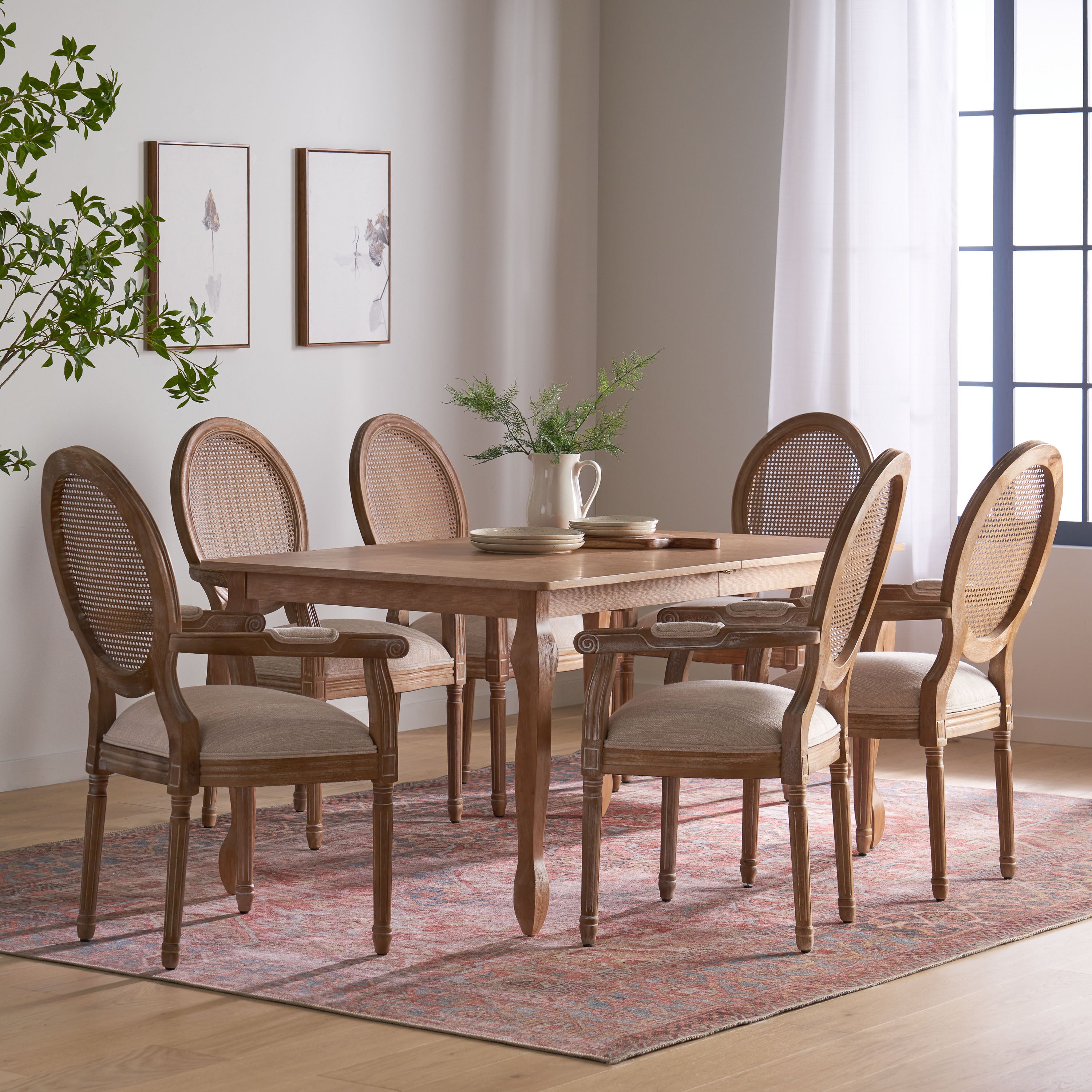 Comisky French Country Fabric Upholstered Wood and Cane Expandable 7 Piece Dining Set