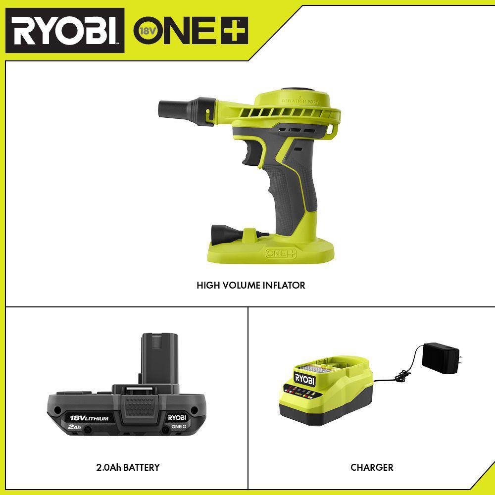 RYOBI ONE+ 18V Cordless High Volume Power Inflator and 2.0 Ah Compact Battery and Charger Starter Kit P738-PSK005