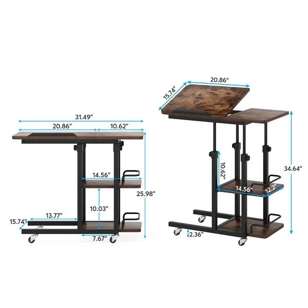 Height Adjustable Couch Side Table Mobile Snack Table Laptop Table for Bedroom， Living Room， Rustic Brown