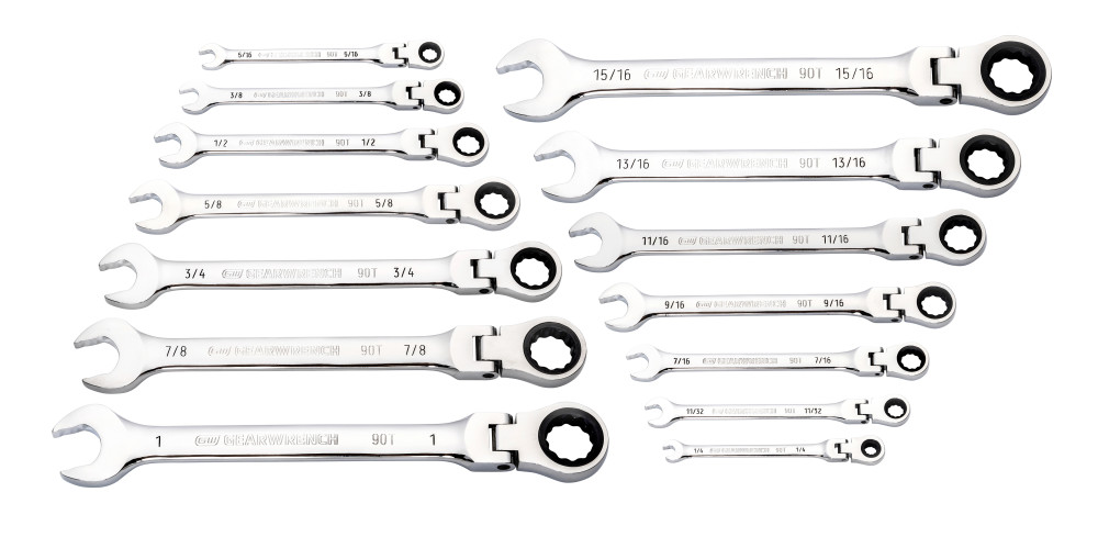 14 Pc 90T 12 Point Flex Head Ratcheting Combination SAE Wrench Set ;