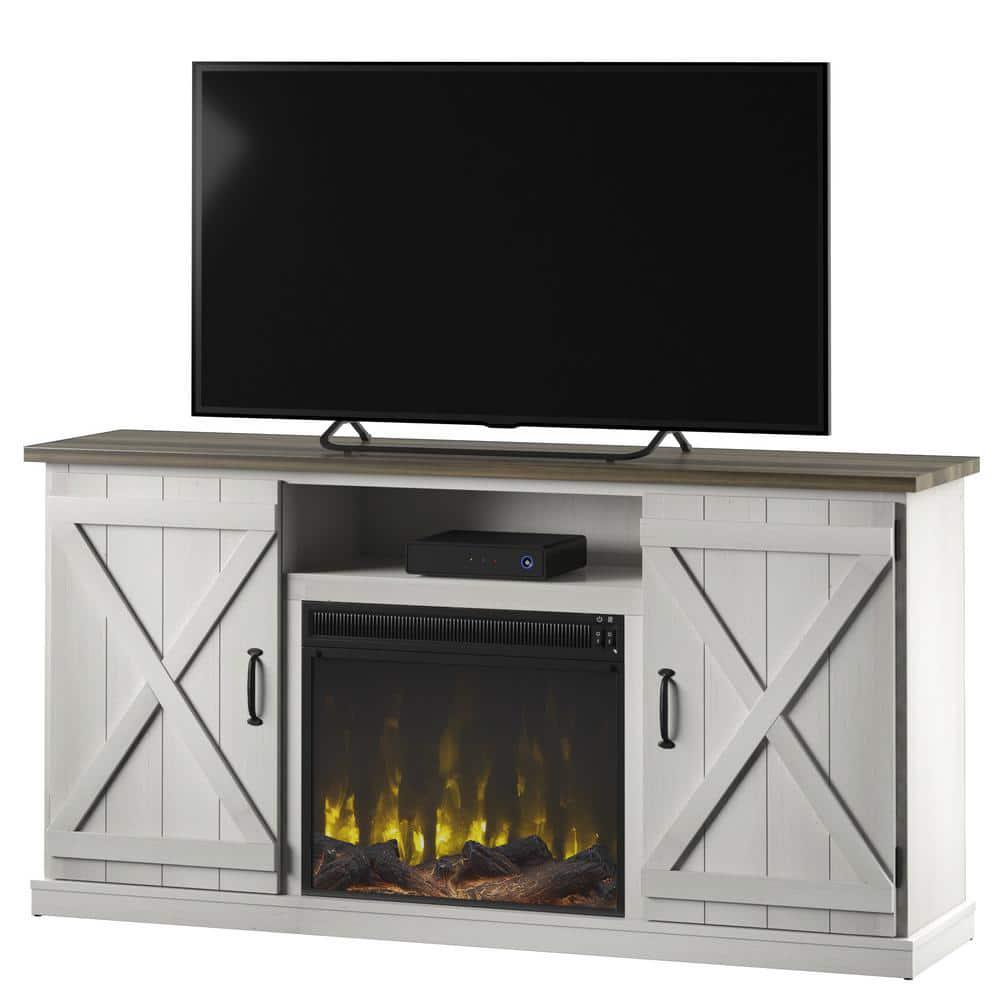 Twin Star Home 6338 in Freestanding Wooden Electric Fireplace TV Stand in Old Wood White