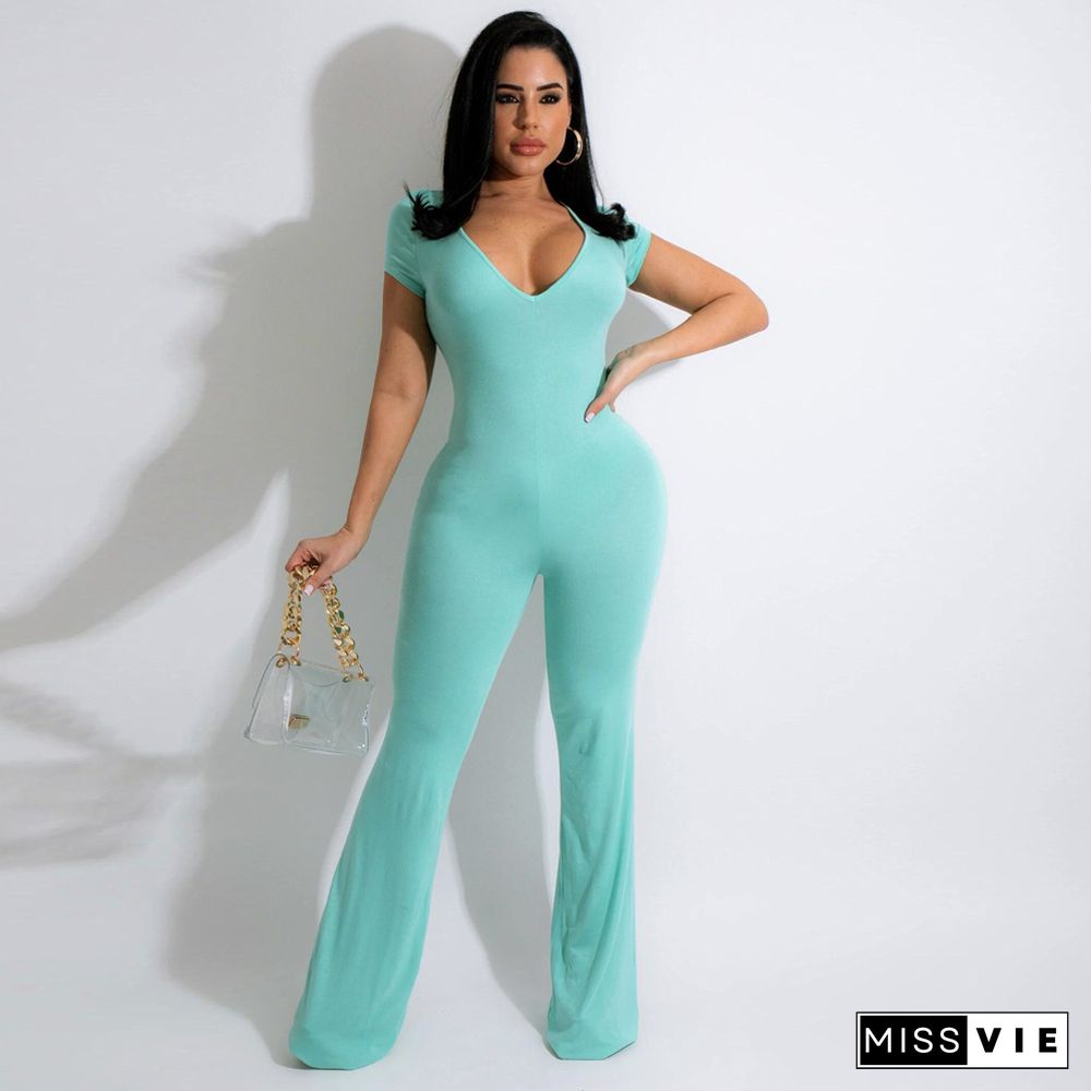 Short Sleeve V-neck Solid Flare Jumpsuit