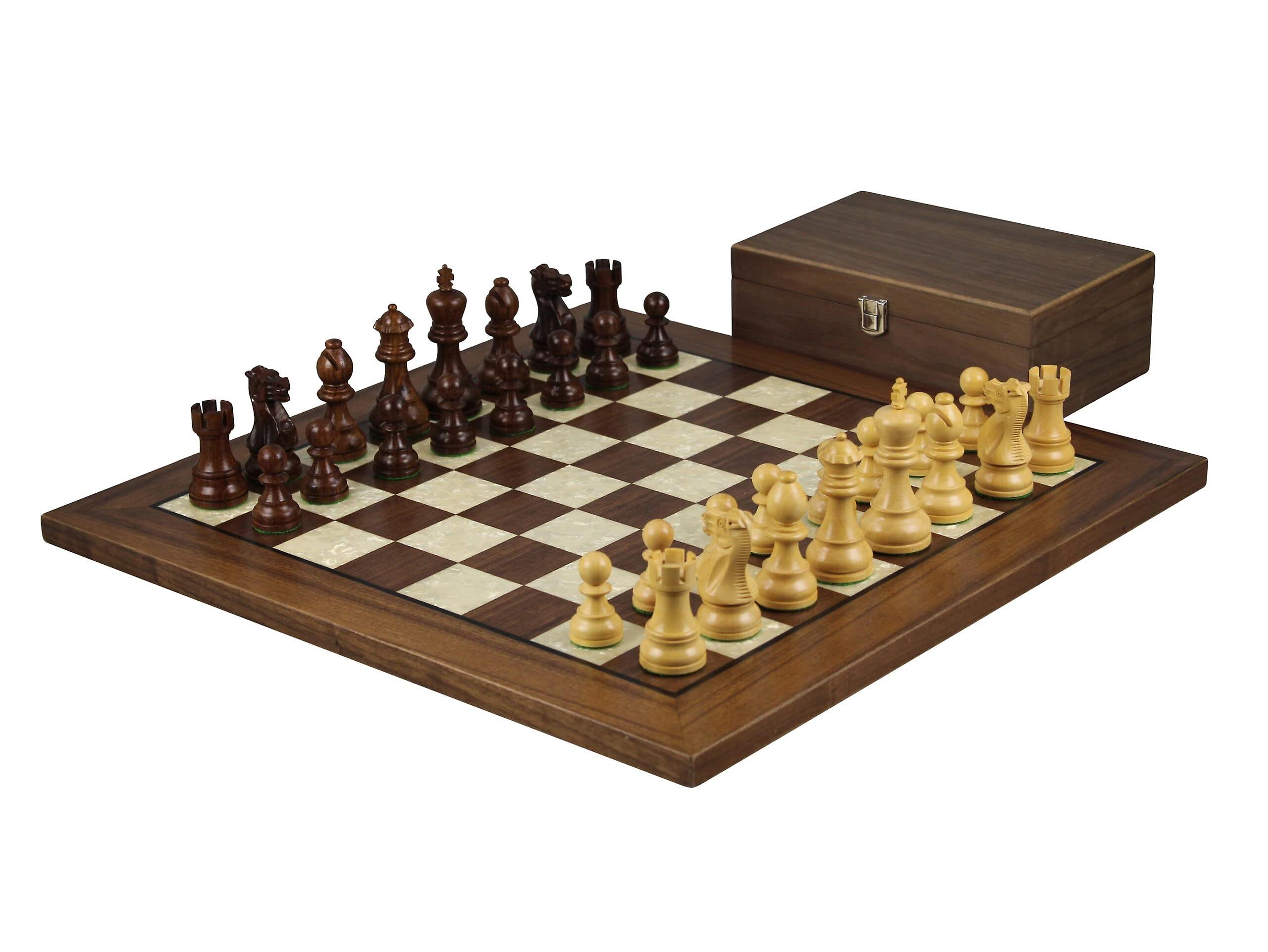 Helena Mother Of Pearl Flat Board Chess Set Walnut 20 Inch Weighted Sheesham Executive Staunton Chess Pieces 3.75 Inch