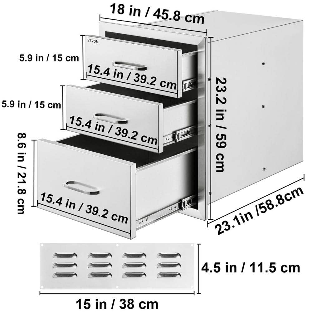 VEVOR 18 in. W x 23.2 in. H x 23.1 in. D Outdoor Kitchen Stainless Steel Triple BBQ Access Drawers with Chrome Handle 18X23YC3CBXGCTG01V0