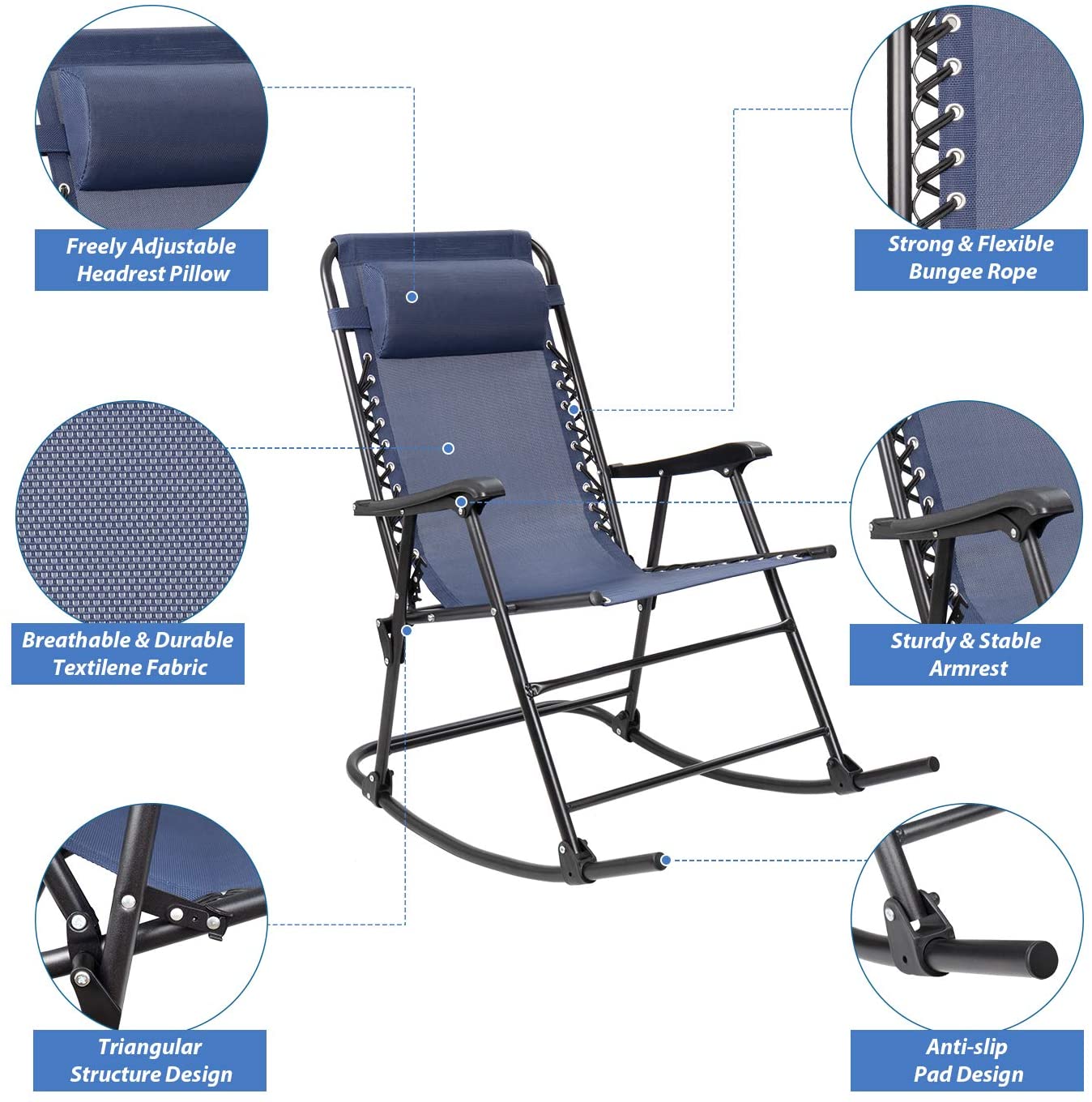 Devoko Zero Gravity Rocking Chair with Headrest Pillow Folding Recliner Foldable Lounge Chair, Blue