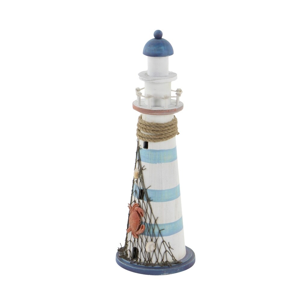 White Wood Light House Sculpture with Netting   7 x 7 x 16