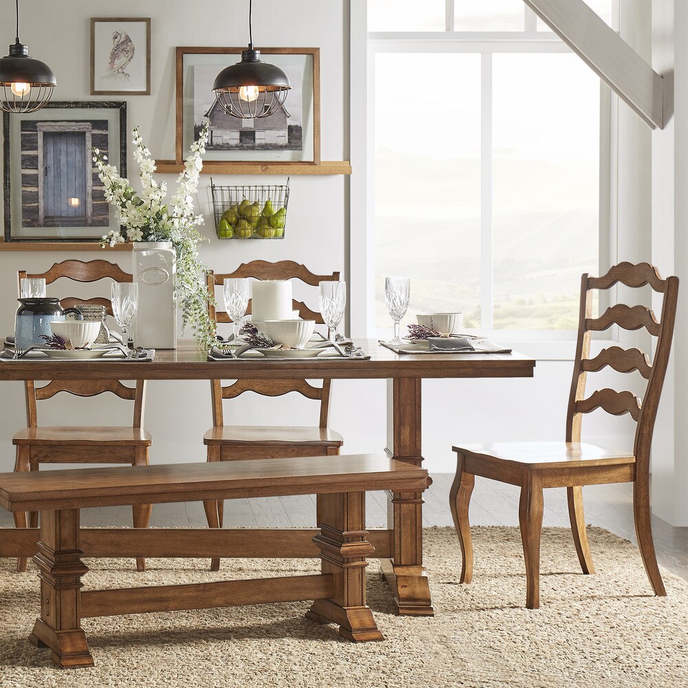 Eleanor Oak Farmhouse Trestle Base 6 Piece Dining Set   French Ladder Back by iNSPIRE Q Classic