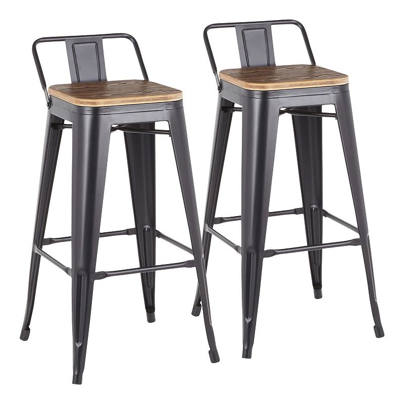 Set of 2 Oregon Industrial Black Metal and Wood-Pressed Grain Low Back Barstools 35