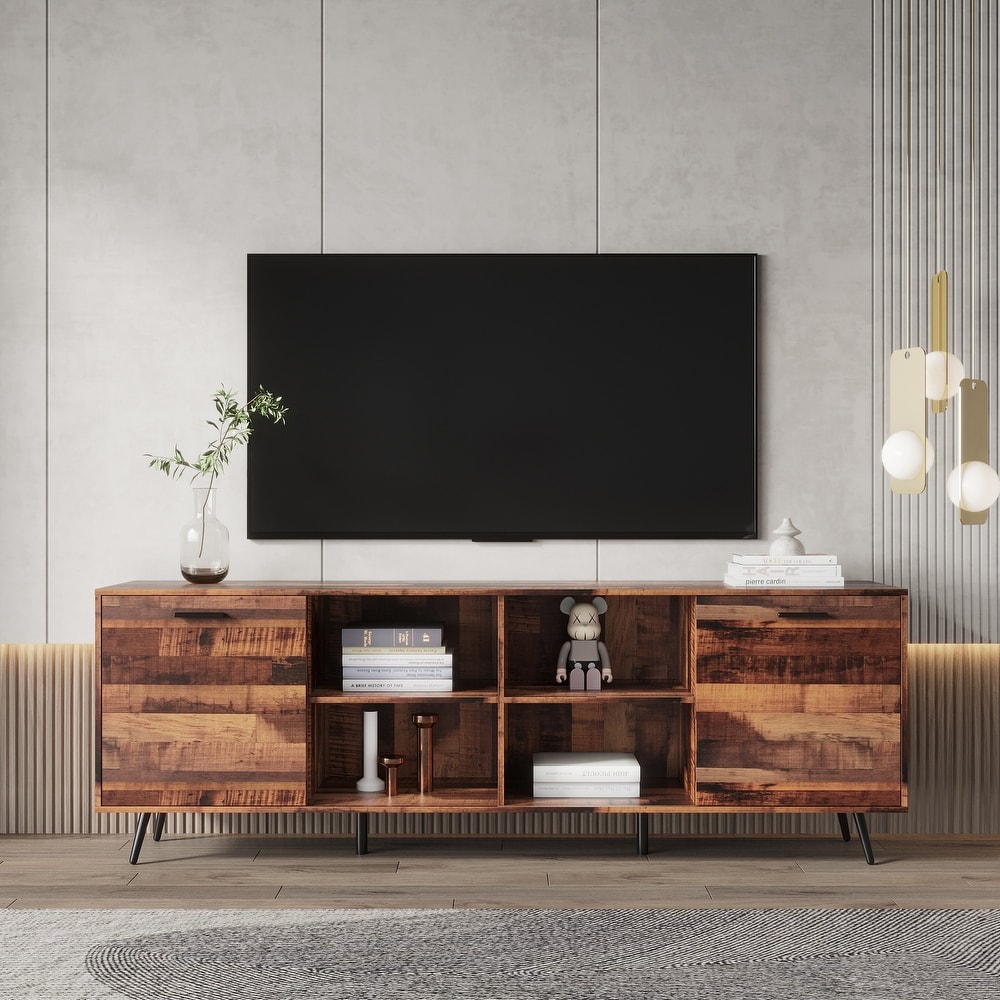 TV Stand Media Entertainment Center Mid Century Modern TV Console Table with Storage Cabinet Doors for Living Room