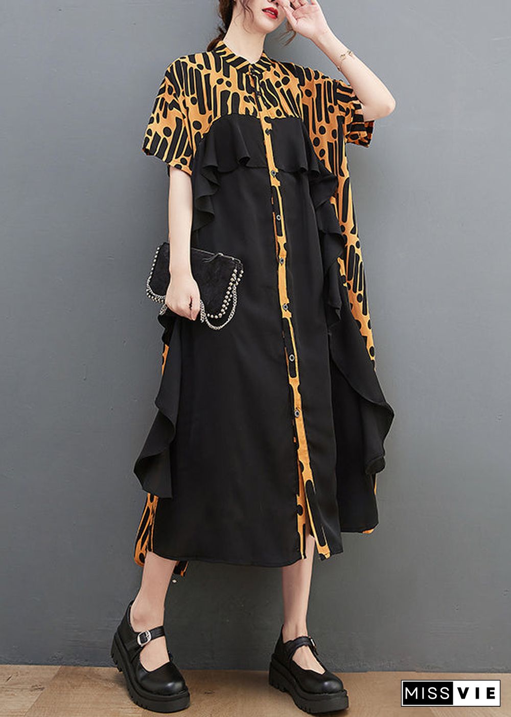 Novelty Yellow Stand Collar Ruffles print Chiffon Patchwork Shirt Dress Short Sleeve