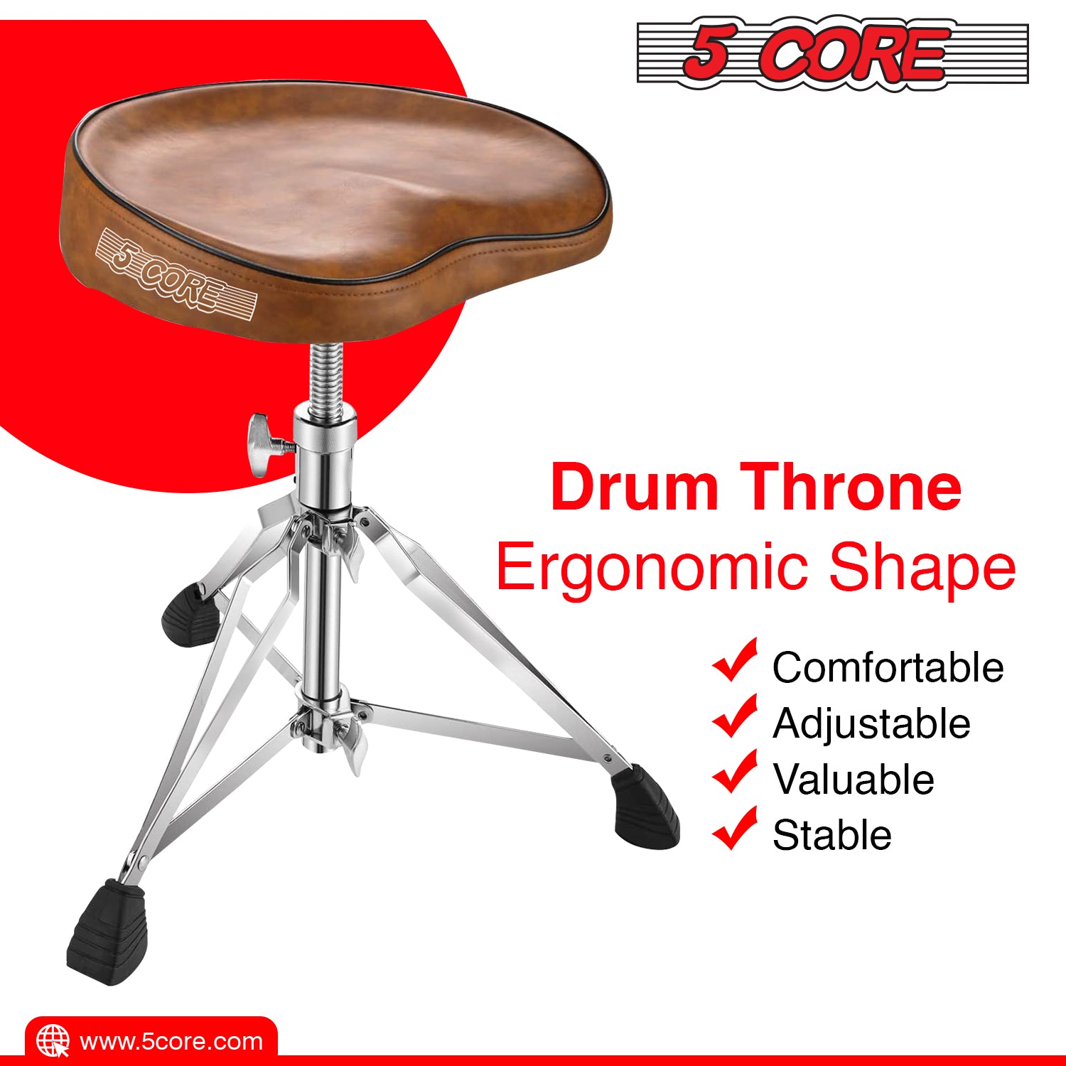 5 Core Drum Throne Saddle Brown| Height Adjustable Padded Comfortable Drum Seat| Stools Chair Style with Double Braced Anti-Slip Feet, Comfortable Seat for Drummers, Guitar Players- DS CH BR SDL