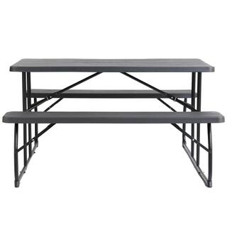 Gardenised Woodgrain Plastic and Steel Gray Outdoor Foldable Portable Picnic Table Set QI003910GY