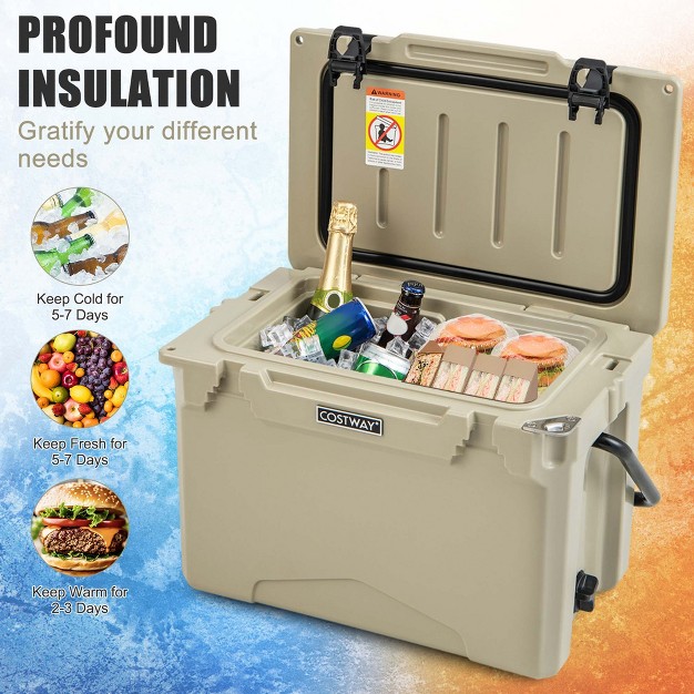 Costway 25 Qt Portable Cooler Rotomolded Ice Chest Insulated Ice Box For 5 7 Days Charcoal tan