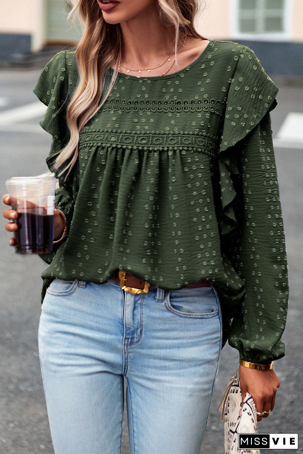 Lace Eyelet Ruffle Shoulder Long Sleeve Blouse