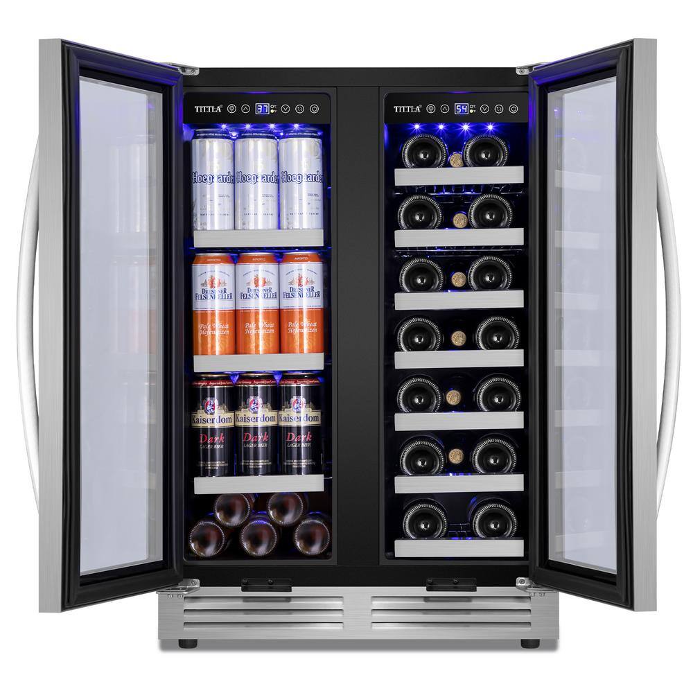 TITTLA 23.47 in. Dual Zone 18-Wine Bottles and 57-Cans Beverage and Wine Cooler in Silver Two Shape of Door Handles Blue LEDs KMYC120