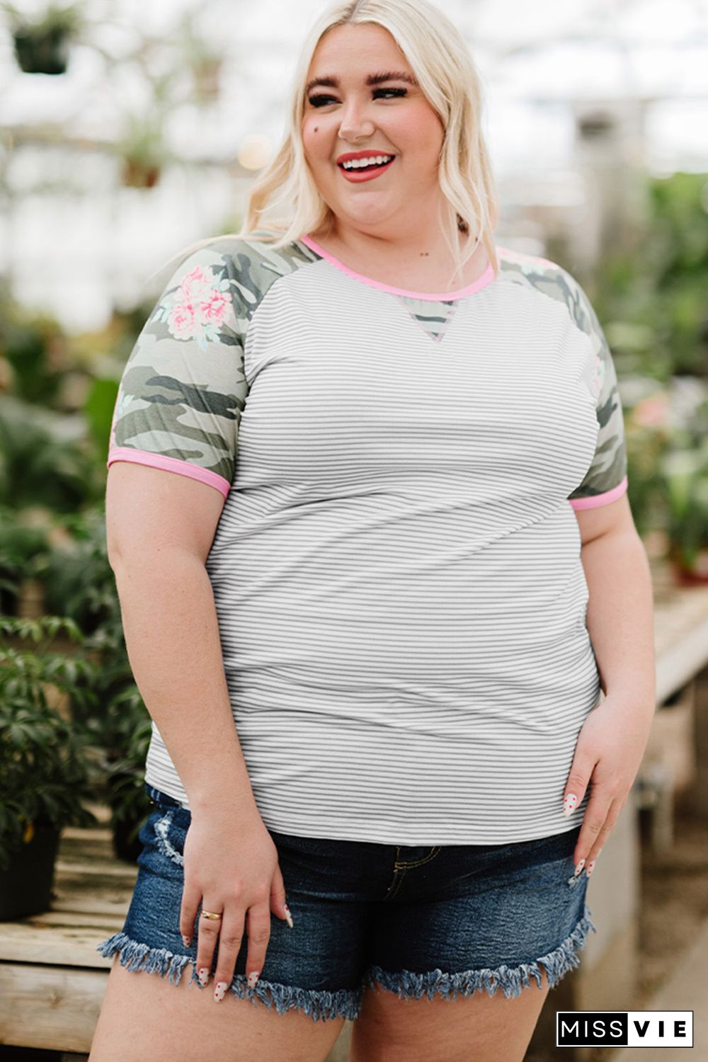 Gray Plus Size Camo Sleeve Striped Tee