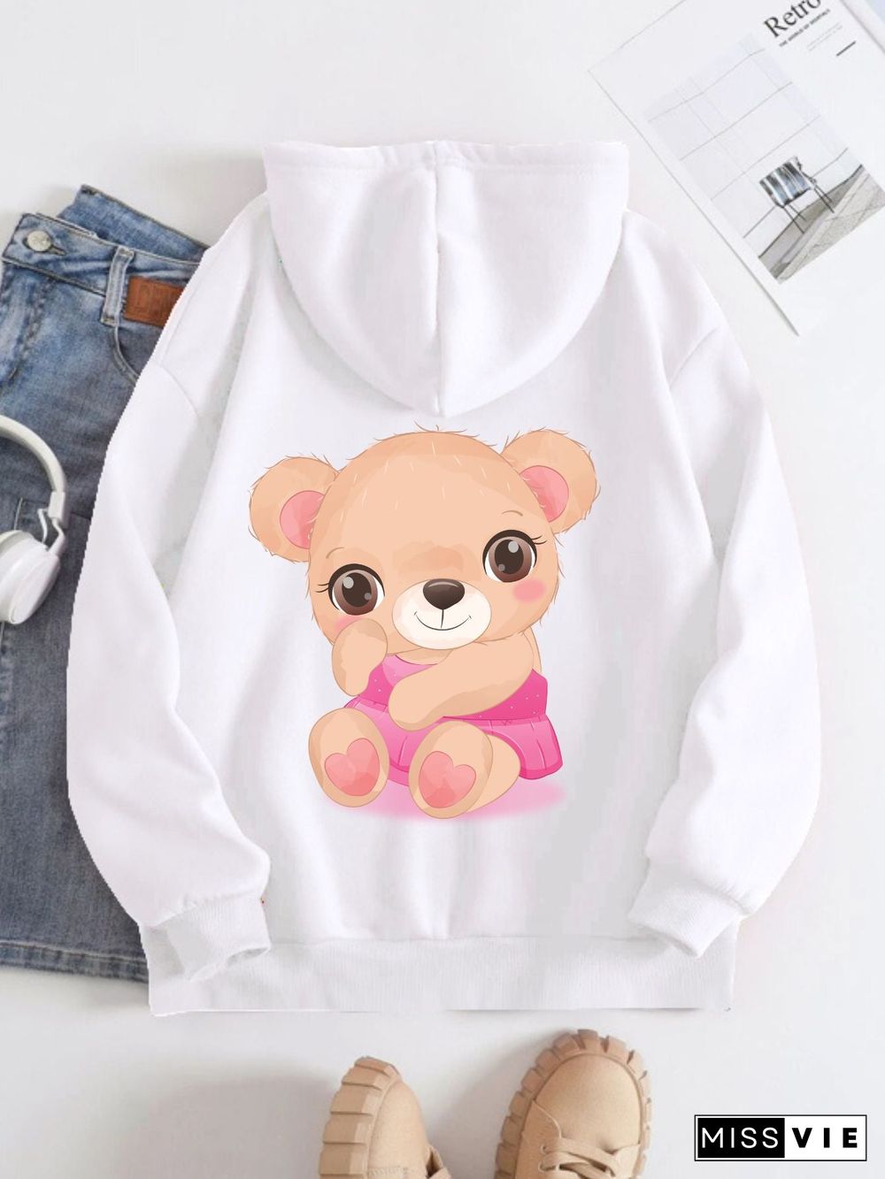 Printed on the Back Kangaroo Pocket Hoodie Long Sleeve for Women Pattern Pink Little Bear