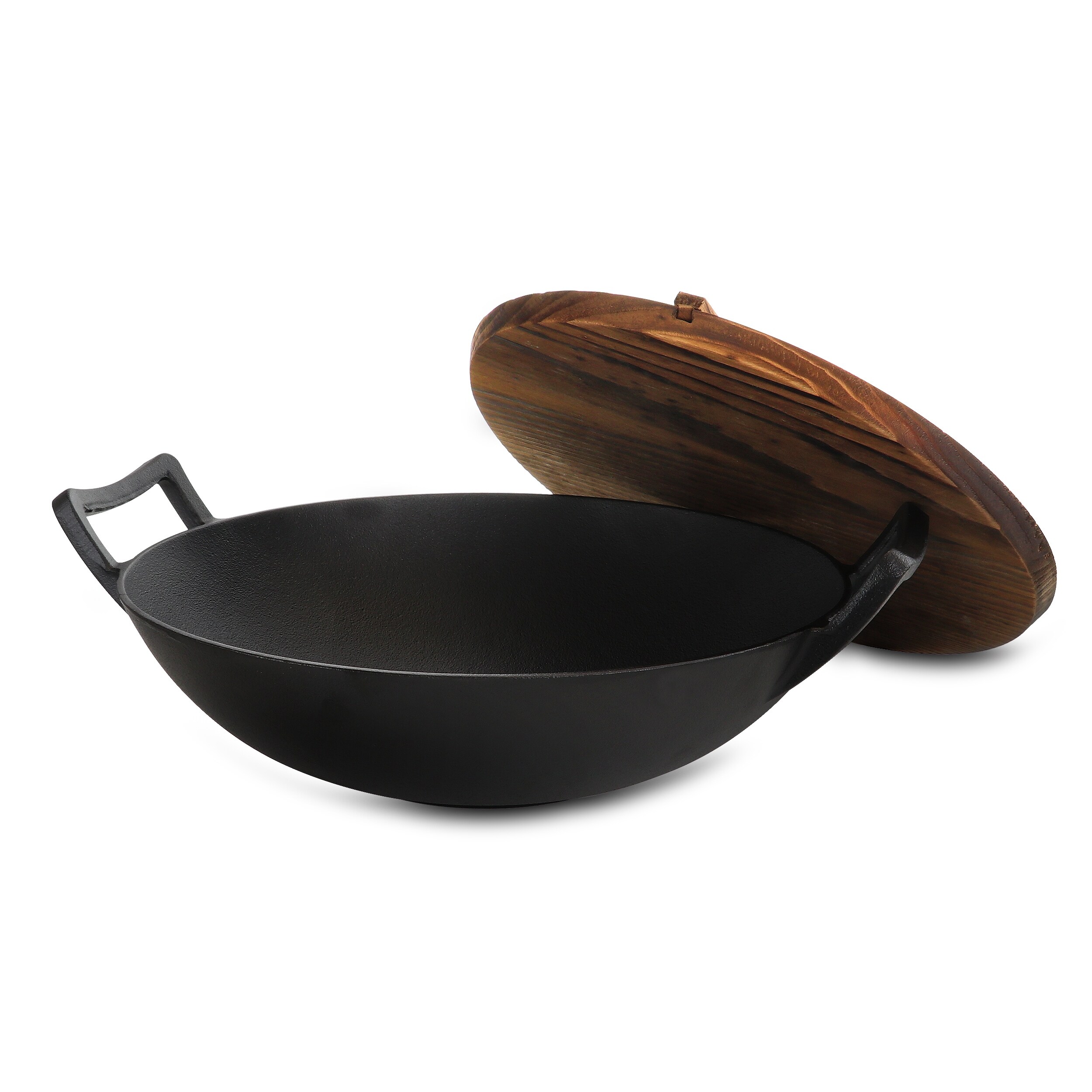 14 Inch Cast Iron Wok with Wood Lid