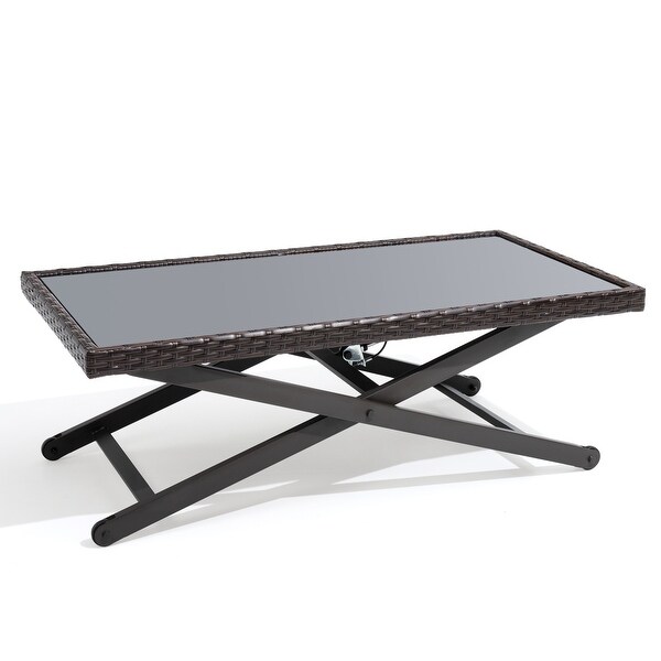 Outdoor Coffee Table Side Table Fits with Conversation Set，PE Rattan and Glass Tabletop，Adjustable Height