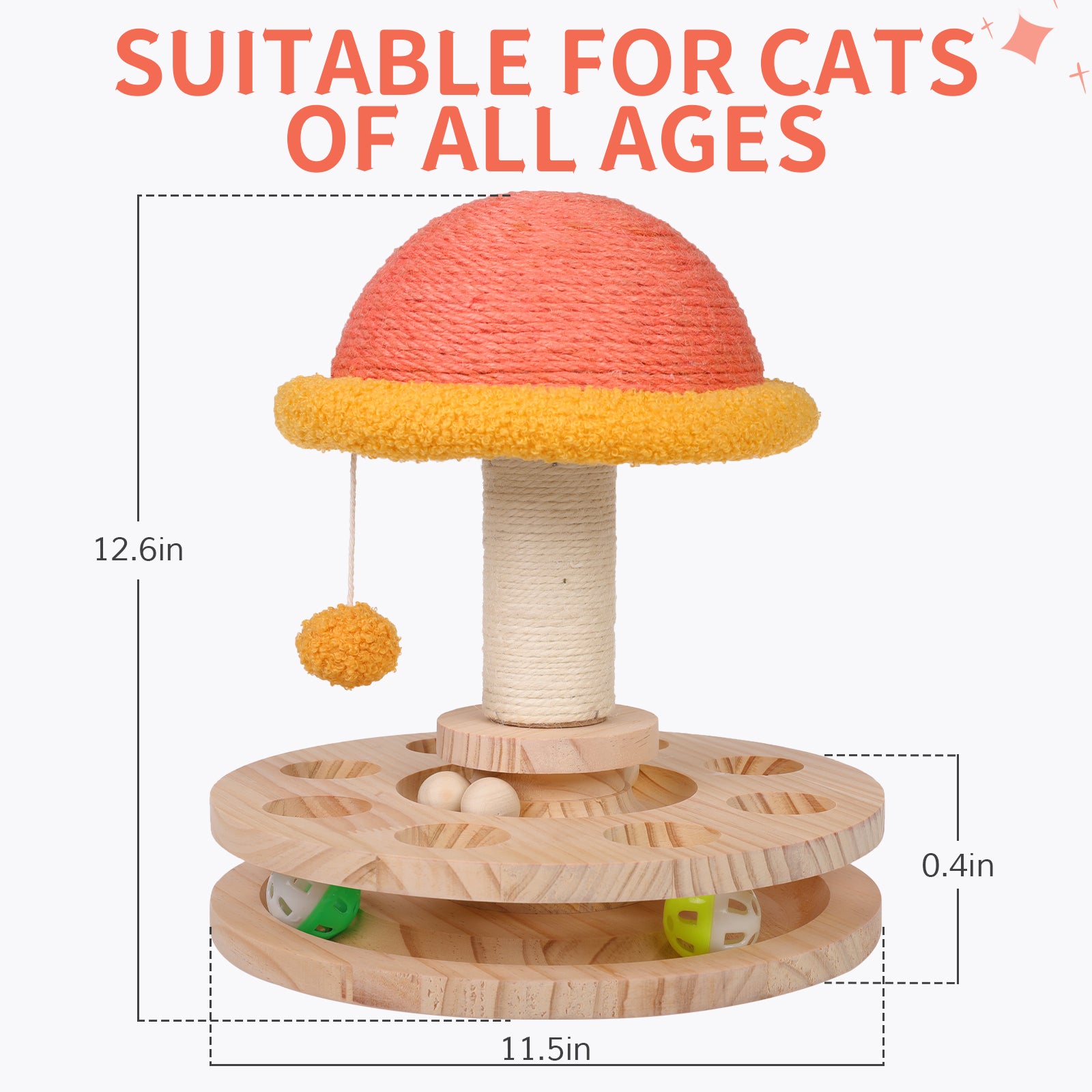 DENTRUN Cat Toy Roller， Interactive Cat Turntable Ball Track with Scratching Post Dangling Ball， Wood Maze Play Toy Ball for Indoor Cats Kittens