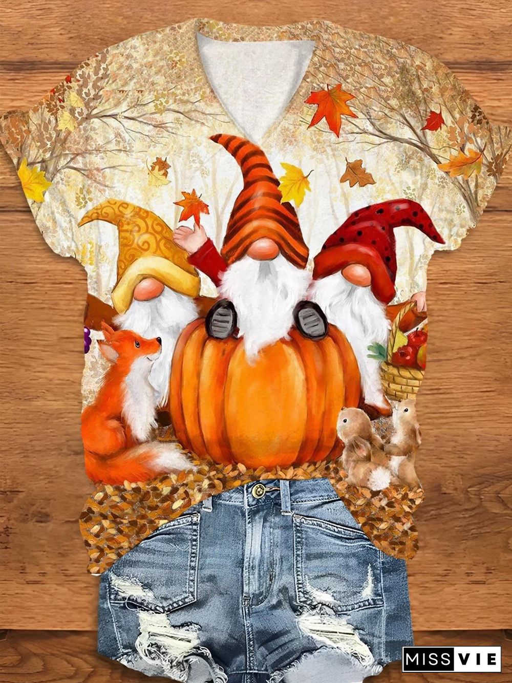 Autumn Pumpkin Gnomes Print V-Neck T-Shirt