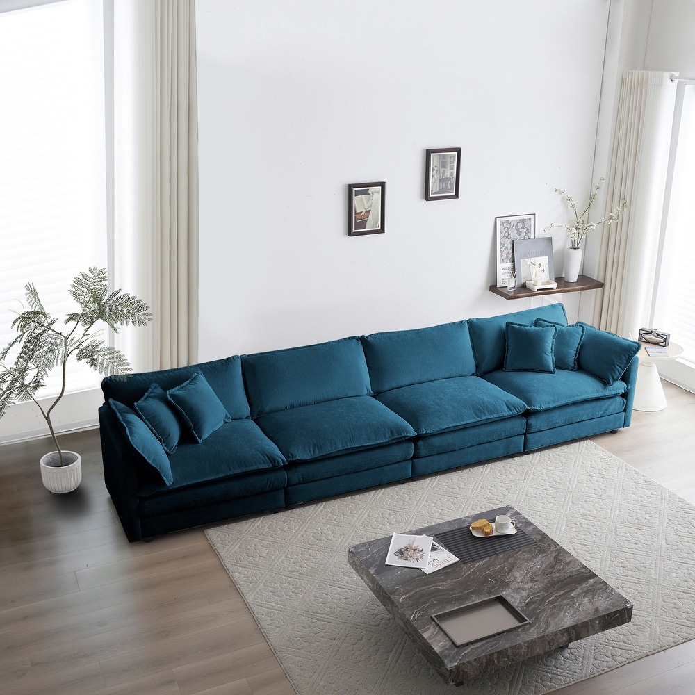 4 seat Straight Row Sofa  Deep Seat Sofa w/ 2 Armrest Pillows   4 Toss Pillows  Chenille Couch with Removable Cushions  Blue