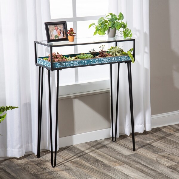 Metal Table with Glass Top and Teal Metal Planter Dish