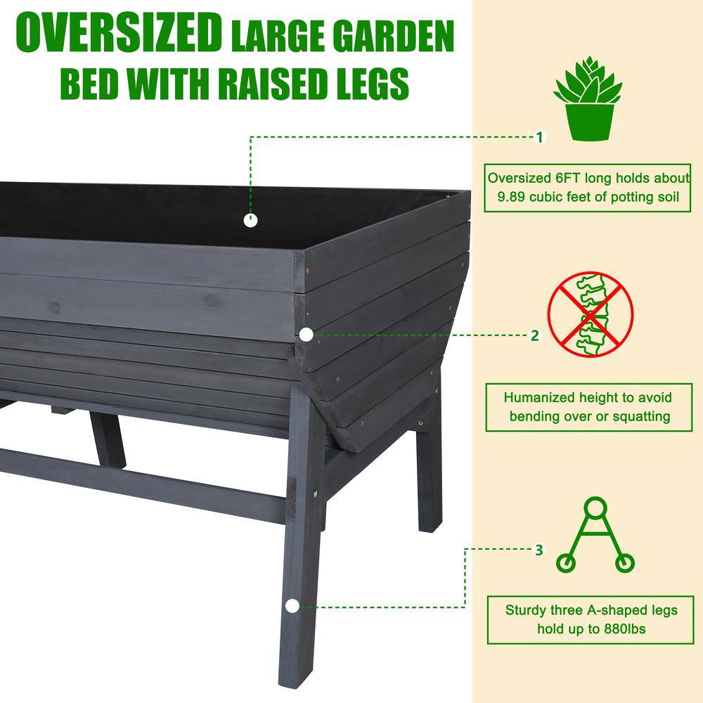 VEIKOUS 70 in. L Oversized Wooden Raised Garden Bed With Funnel Design and Liner Dark Grey PG0102-04GY-2
