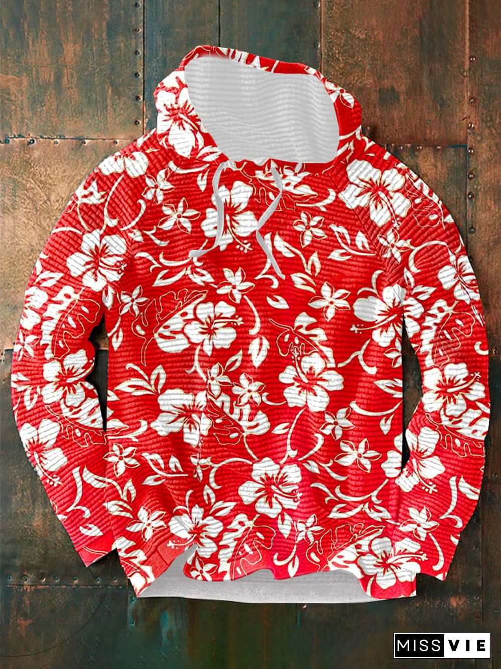 Men's Christmas Hawaiian Mele Kalikimaka Hibiscus Print Waffle Hooded Sweatshirt