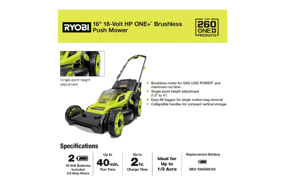 RYOBI P1190VNM ONE+ HP 18V Brushless 16 in. Cordless Battery Walk Behind Push Lawn Mower with (2) 4.0 Ah Batteries and (1) Charger