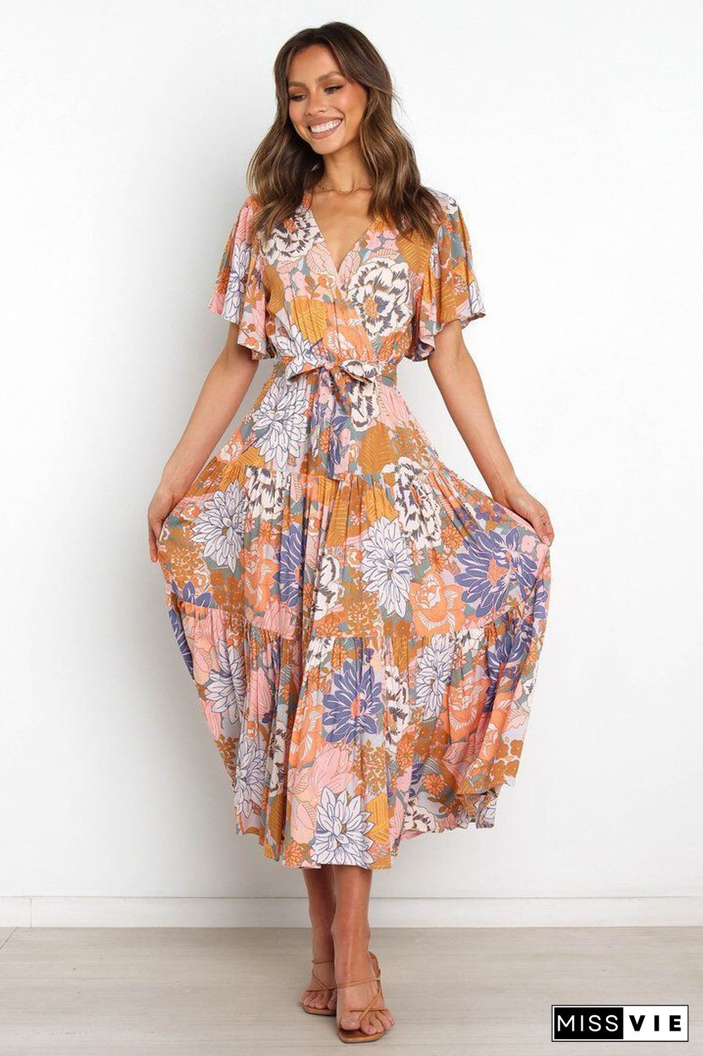 Floral V Neck Short Sleeve Maxi Dress