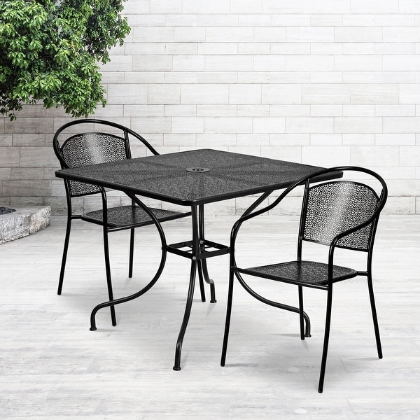 35.5inch Square Steel 3piece Patio Table Set with Round Back Chairs