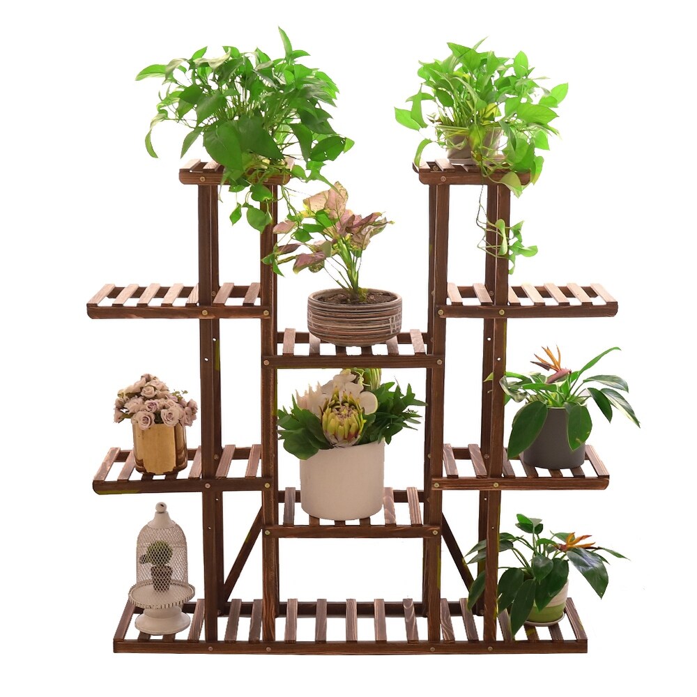 Large 11 Tiered Wood Plant Stand Carbonized Pot Shelf Holder