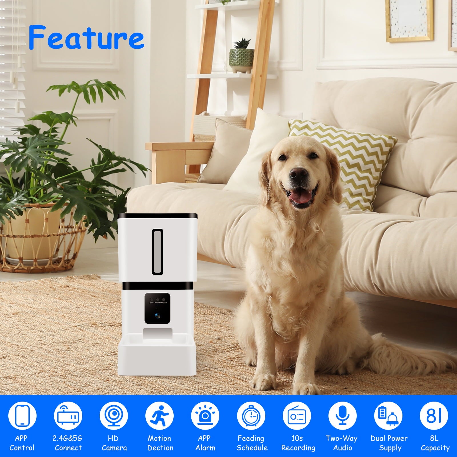 Tovendor Automatic Pet Feeder with 1080P Camera， 8L Large Food Dispenser for pet and dog， 5G WiFi Connect 2-Way Audio APP Control Pet Timer Feeder