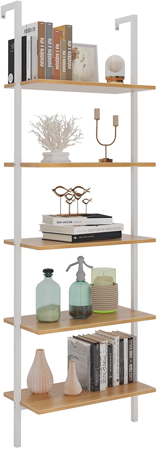 SogesPower 5-Tier Bookshelf with Metal Frame, Wall-Mounted Ladder Shelf, Bookcase Plant Flower Display Stand for Kitchen, Living Room, Bedroom, Office