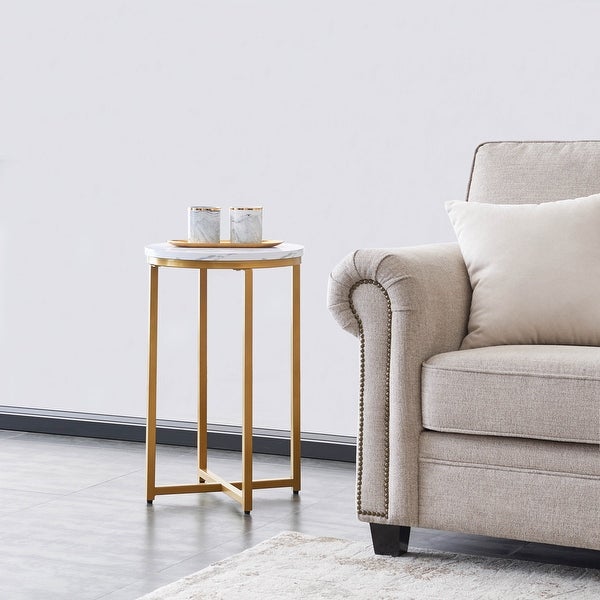 Side Table/End Table with Marble Color Table Top and X-shaped Metal Frame