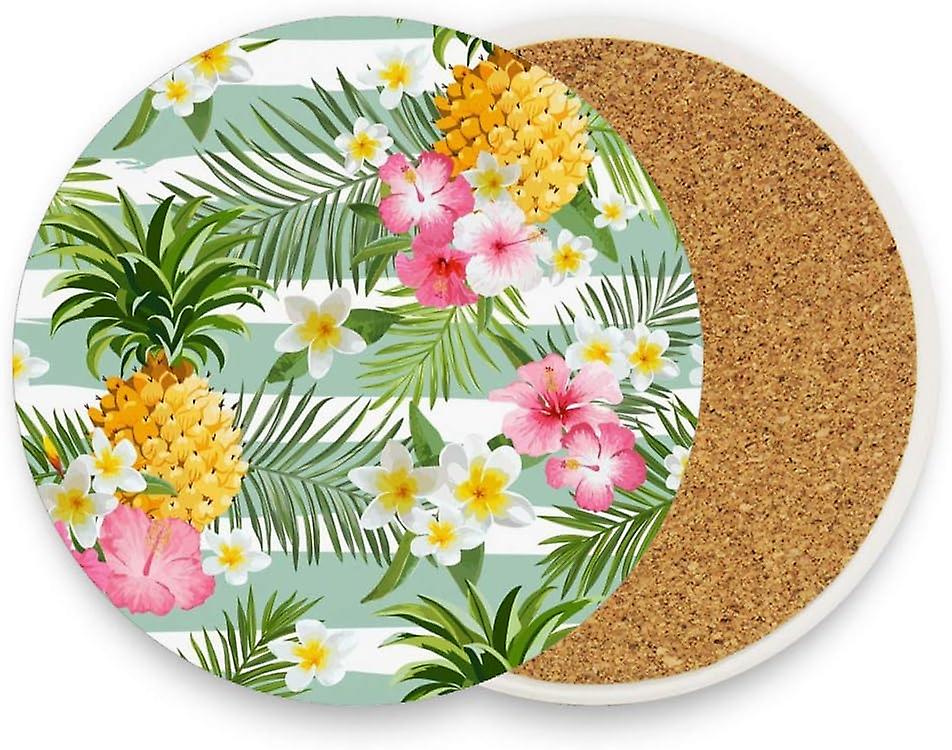 Printed Round Tropical Flowers Ceramic Coasters With Cork-backed For Coffee Drink Cup Mat Absorbent Stone Coaster Set Of 1/2/4