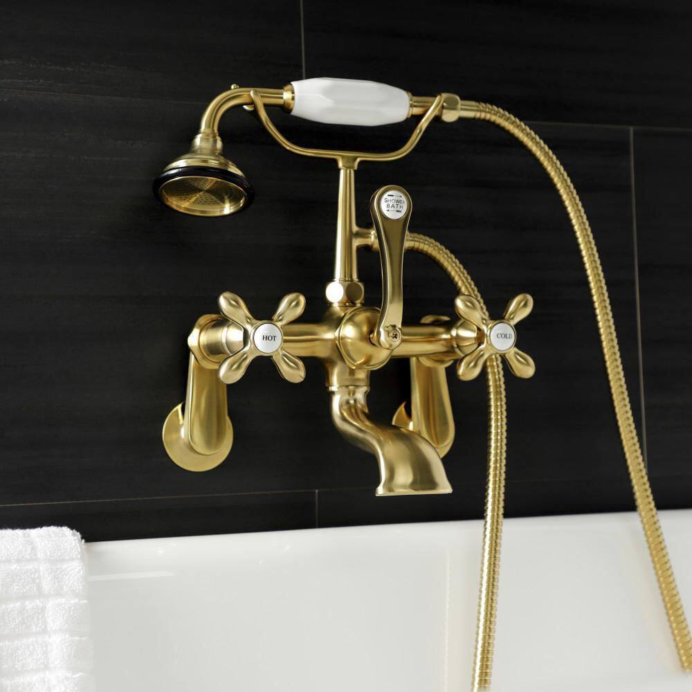 Kingston Brass Aqua Vintage 2-Handle Wall-Mount Clawfoot Tub Faucets with Hand Shower in Brushed Brass HAE57T7