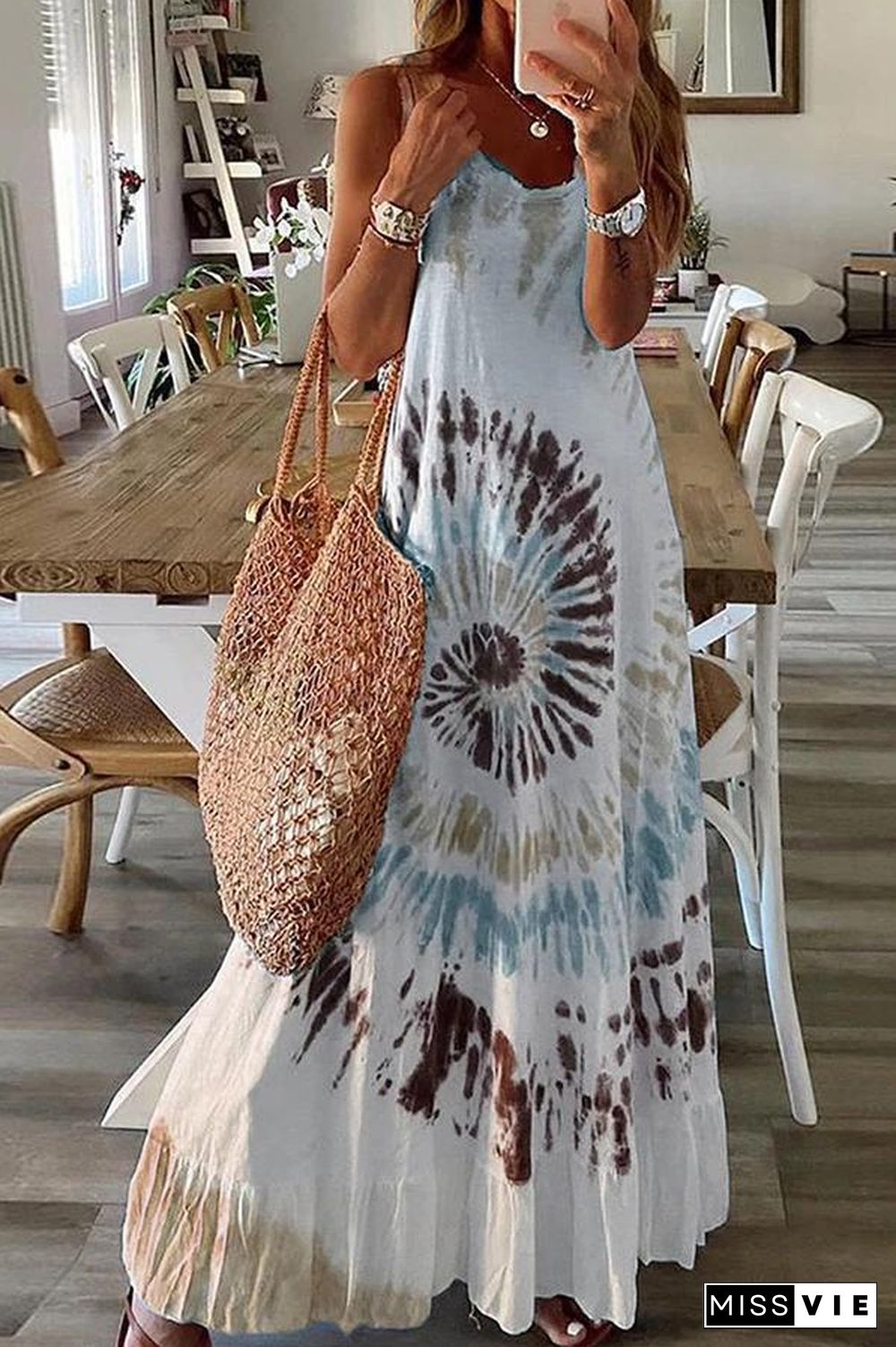 Tie-dye Sleeveless Flared Long Dress P16000