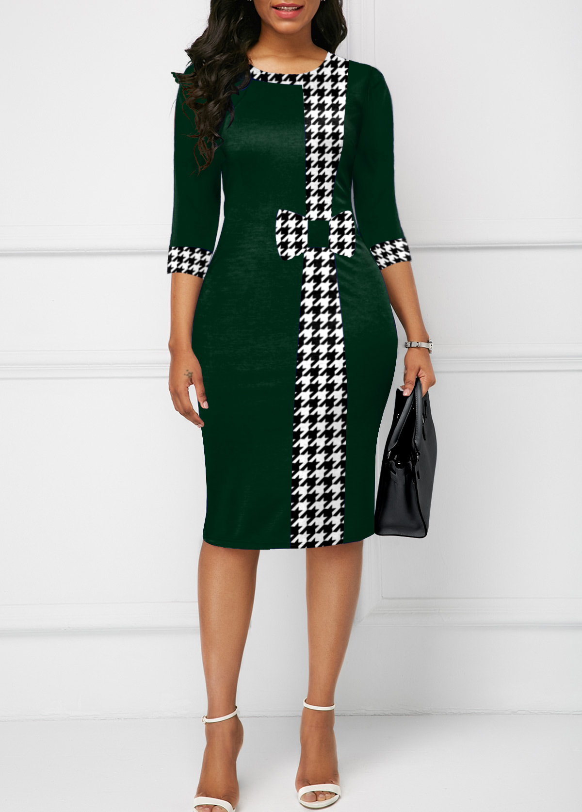 Houndstooth Print Bowknot Knee Length Bodycon Dress
