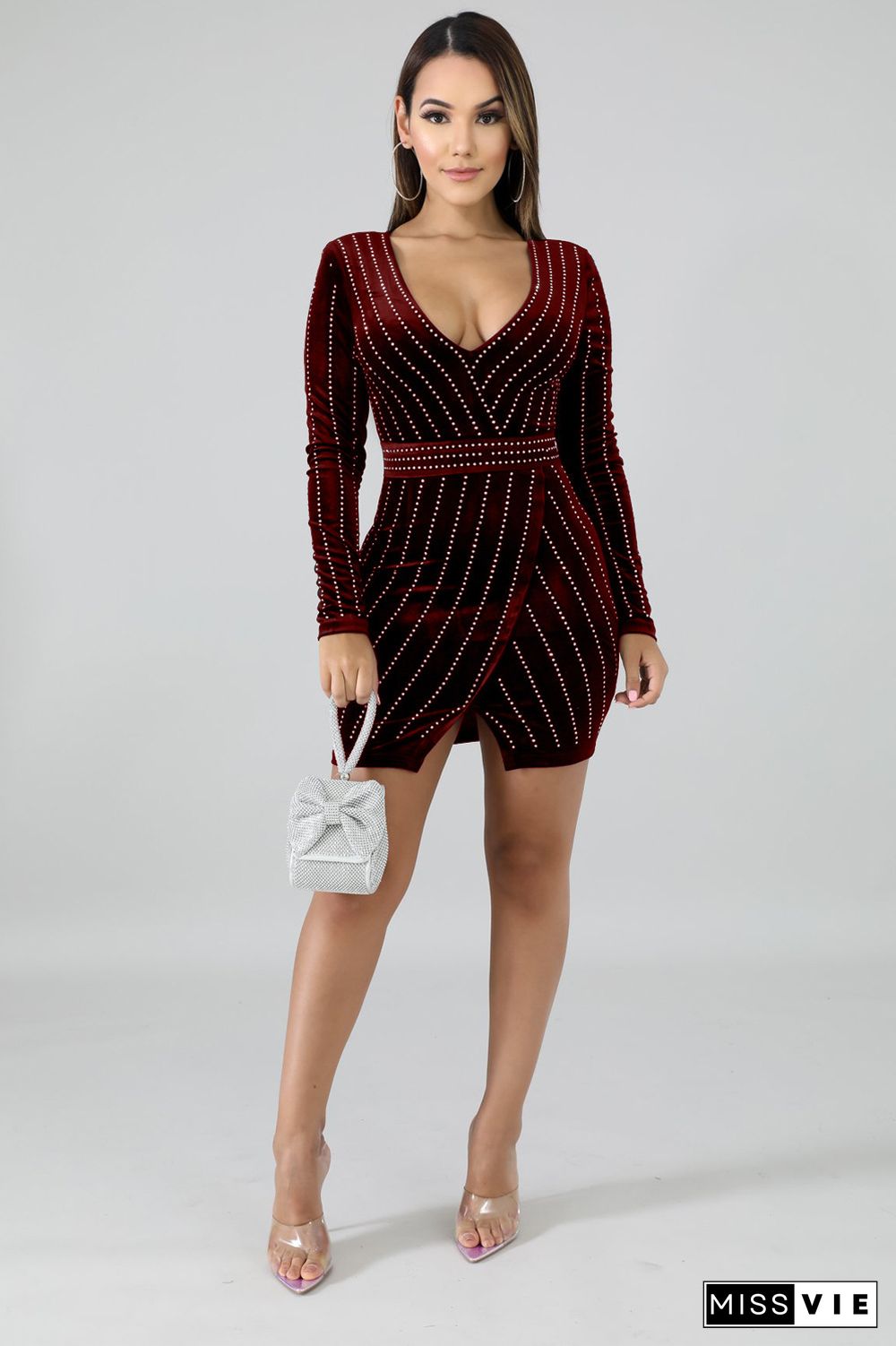 Hot Drilling Long Sleeve V Neck Bodycon Mini Dress