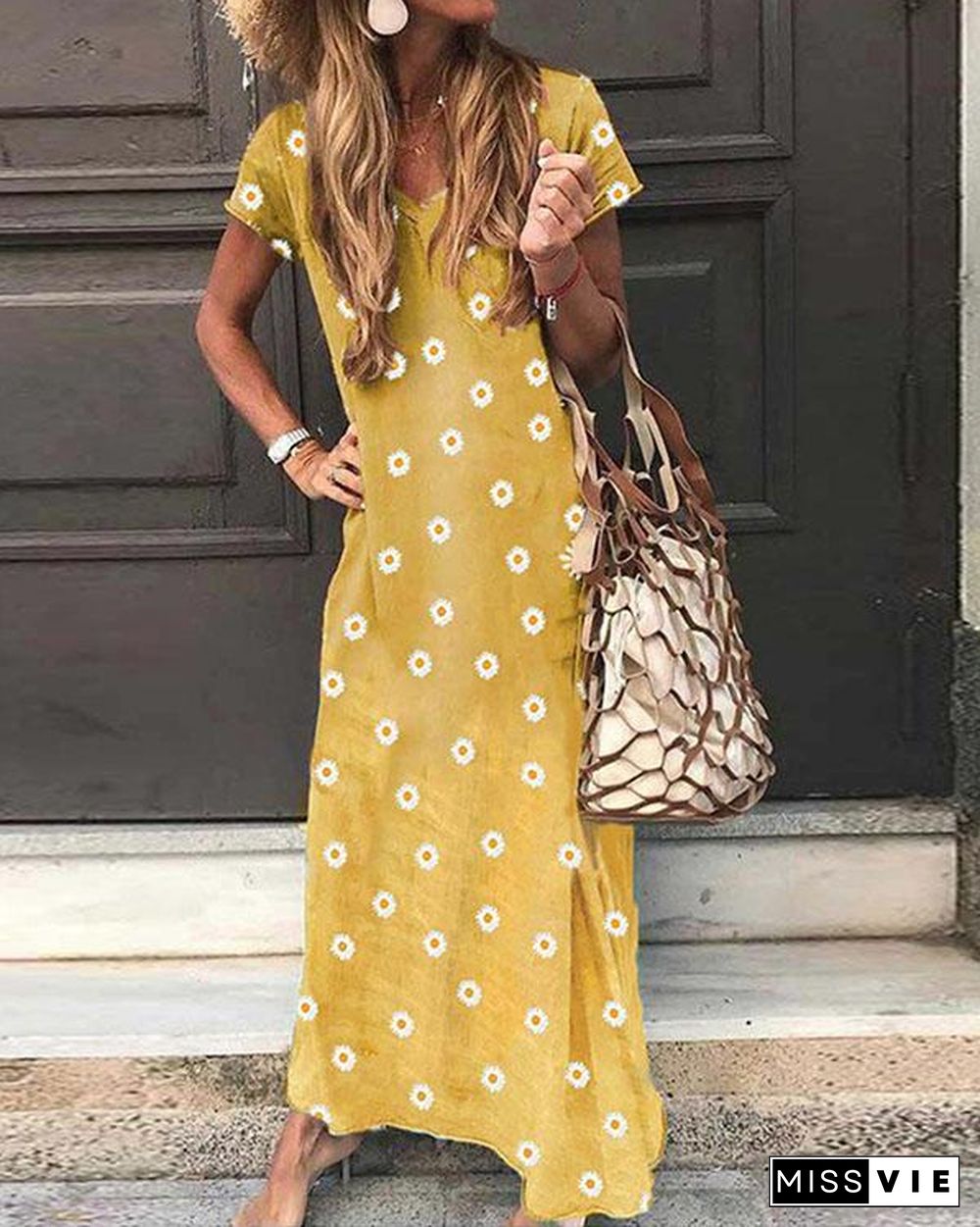 V Neck Casual Short Sleeve Flower Print Maxi Dresses