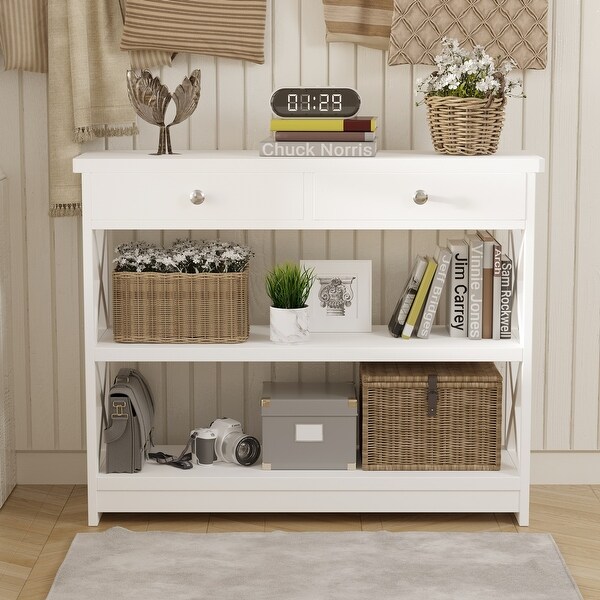 White 3-Tier Console Table with 2 Drawers and 2 Shelves